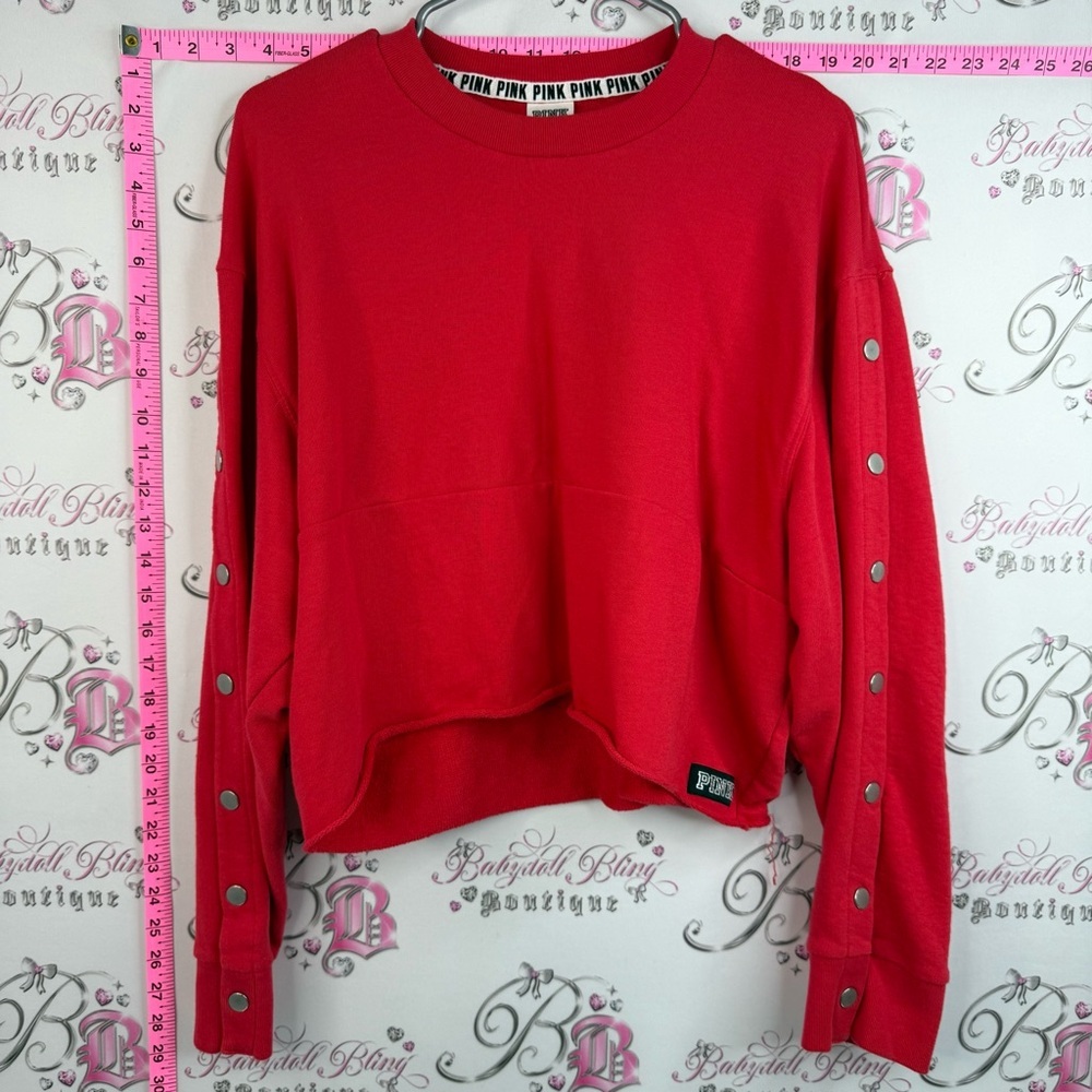 PINK Victoria's Secret sweater logo on back Red Button-Sleeve Cropped Sweatshirt
